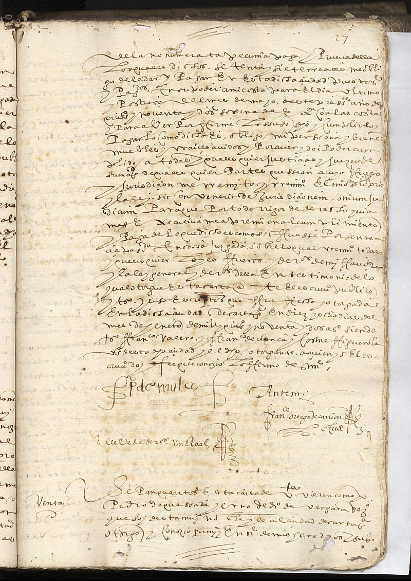 Obligación de Pedro de Mula, vecino de Cartagena, a favor de Alonso Martínez, procurador del número y vecino de Cartagena.